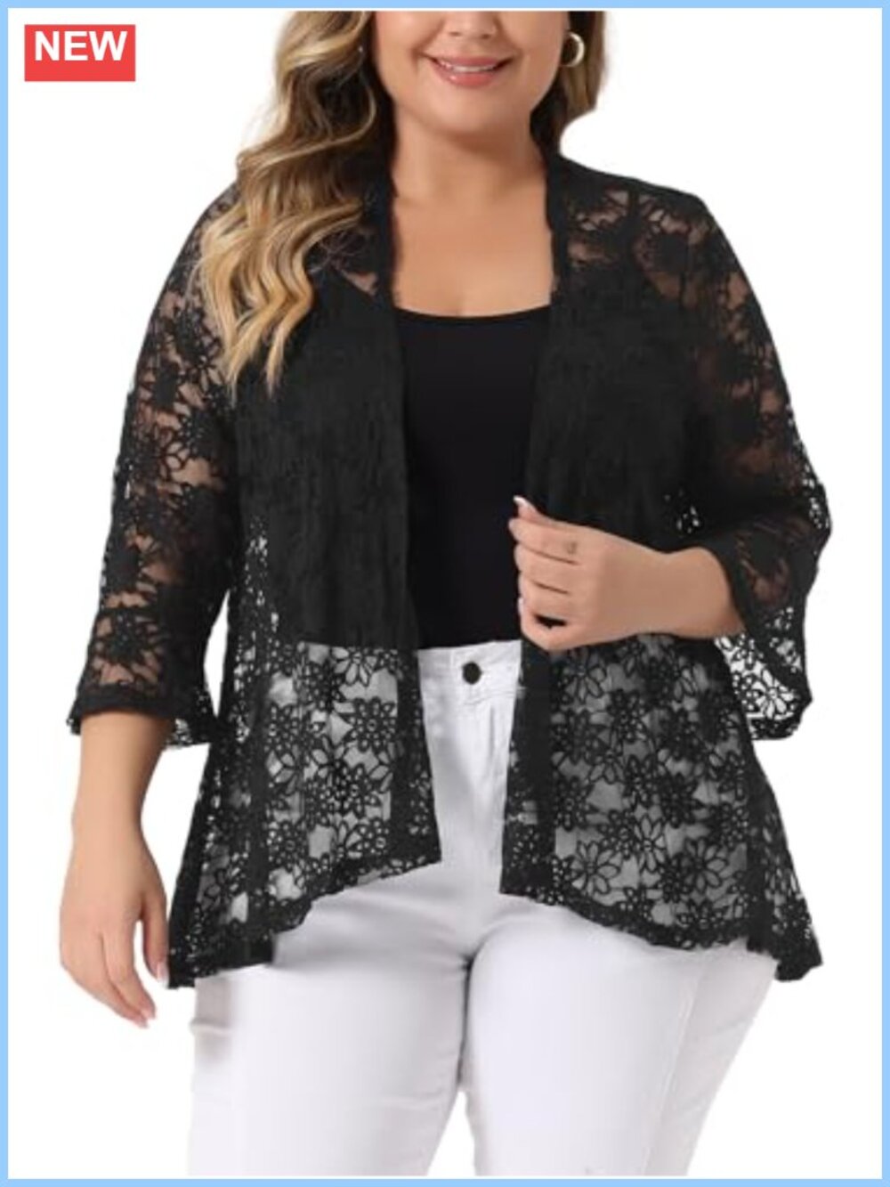 Plus Size Lace Open Front Cardigan 3/4 Bell Sleeve Sheer Bolero Shrug